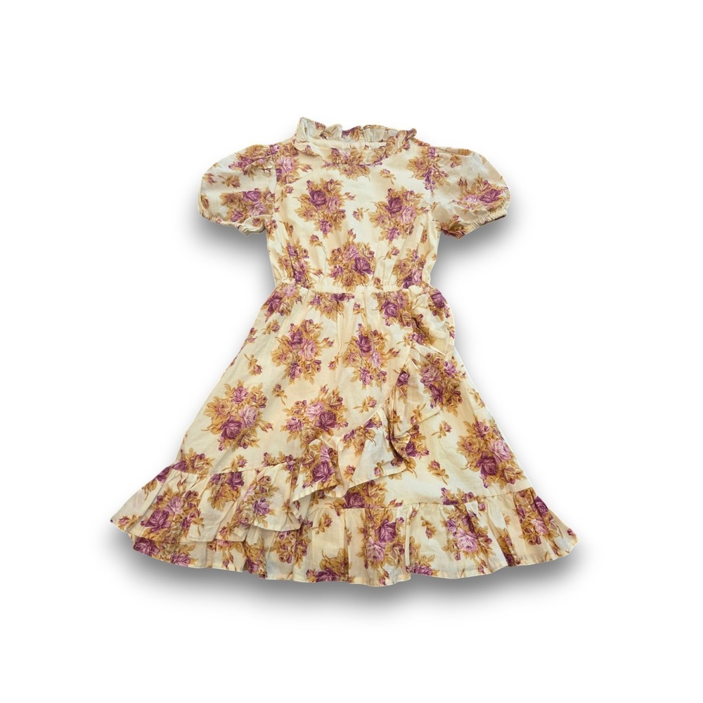 Janie and Jack Short Sleeve Tan Floral Dress Ruffled Country Cottage Girls 8